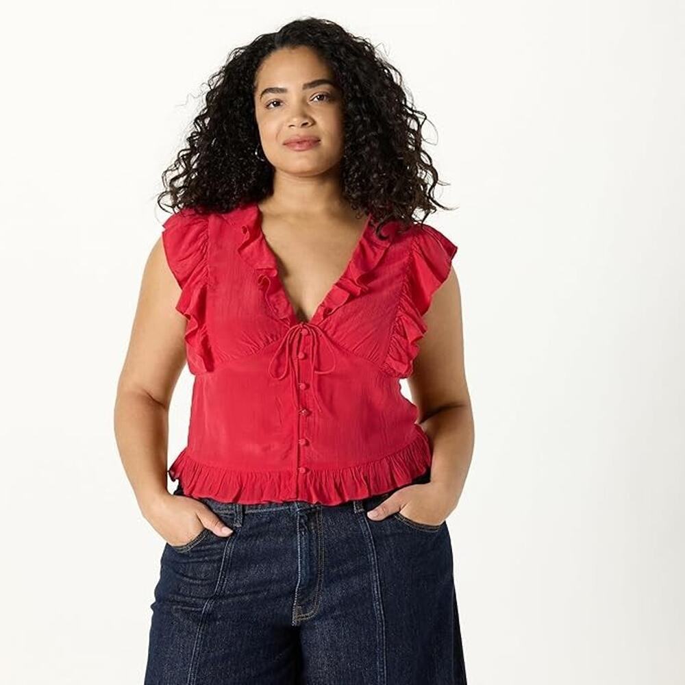NWT The Drop Margo Tie Front Ruffle Sleeveless Blouse Crimson Red Women’s Top M